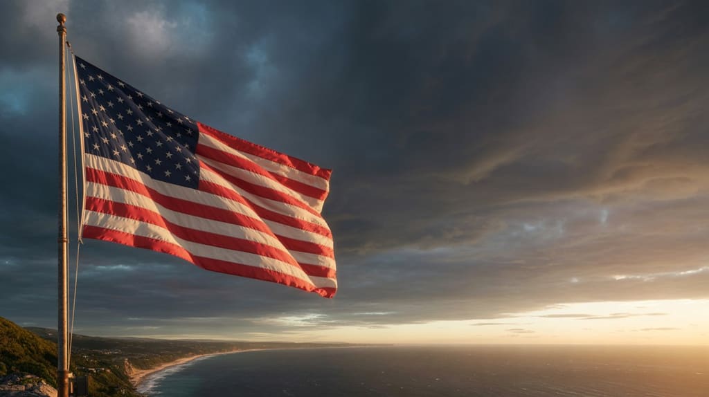 American flag flying at half-staff, backlit by the sun